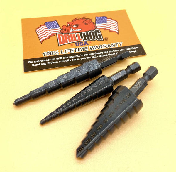 Drill Hog® 3 Pc Step Drill Bit Set M7 UNIBIT Pig Steel M60+ Lifetime Warranty